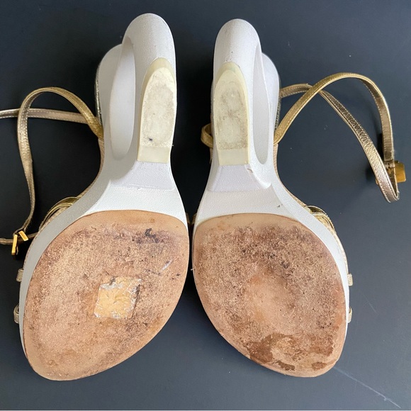 Louis Vuitton Gold Leather Wedge Ankle Strap Sandals Designer Heel Shape - Picture 11 of 15